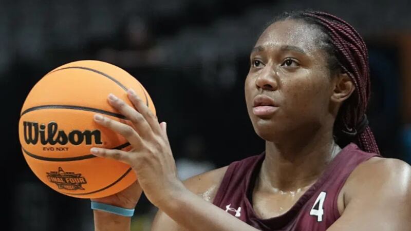 South Carolina's Aliyah Boston shoots during a practice session for an NCAA Women's Final Four...