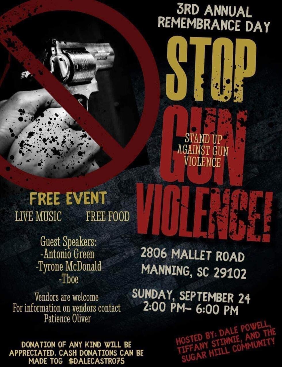 Stop the gun violence, a free event with live music and free food.