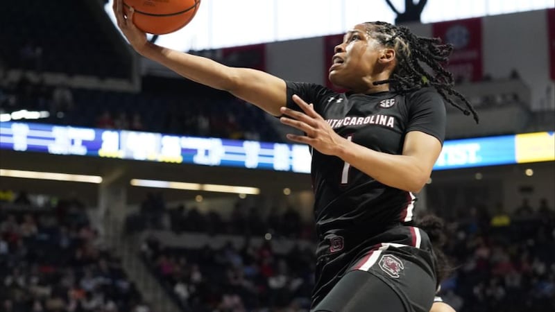 South Carolina guard Zia Cooke (1) leaps for a layup-attempt during the first half of an NCAA...