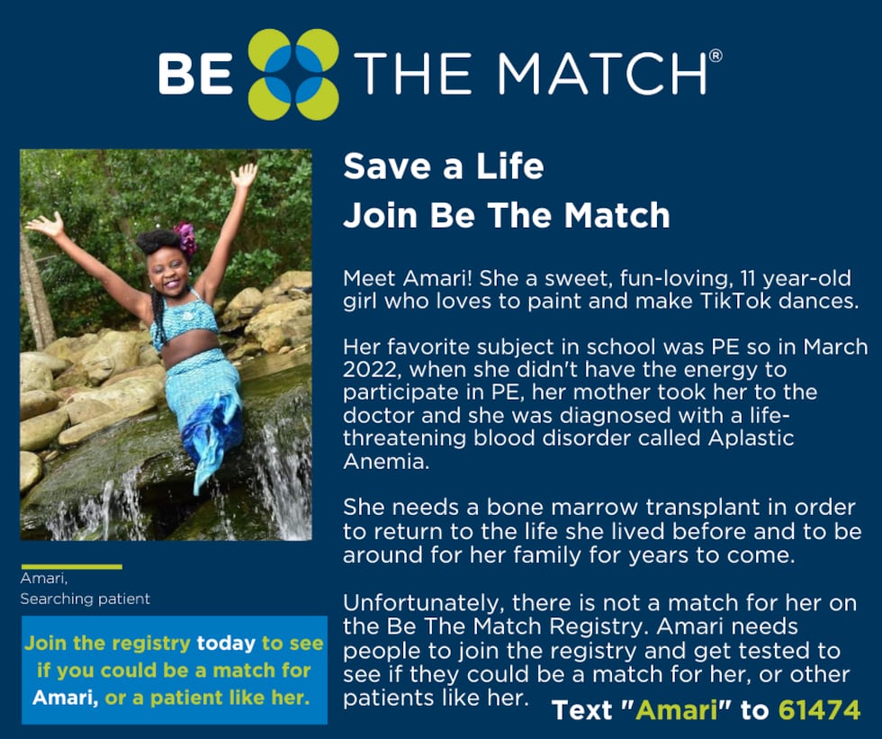 Amari is need of a bone marrow transplant to treat her rare disease.