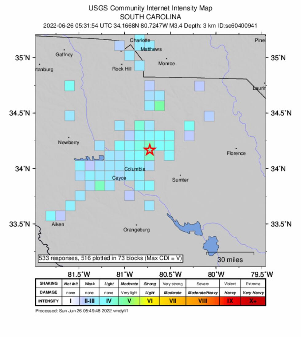 The USGS Community Intensity Map for South Carolina on Sunday June 26, 2022 showing how far...