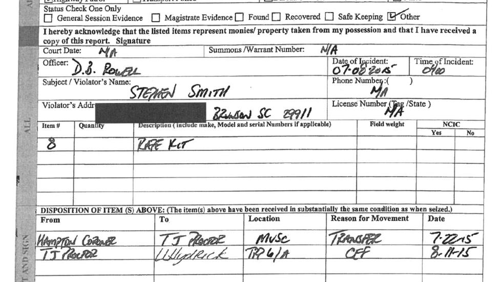South Carolina Department of Public Safety chain of custody form shows a rape kit was...