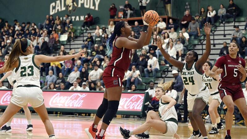 South Carolina forward Aliyah Boston (4) shoots as Cal Poly guard Oumou Toure (24) defends in...